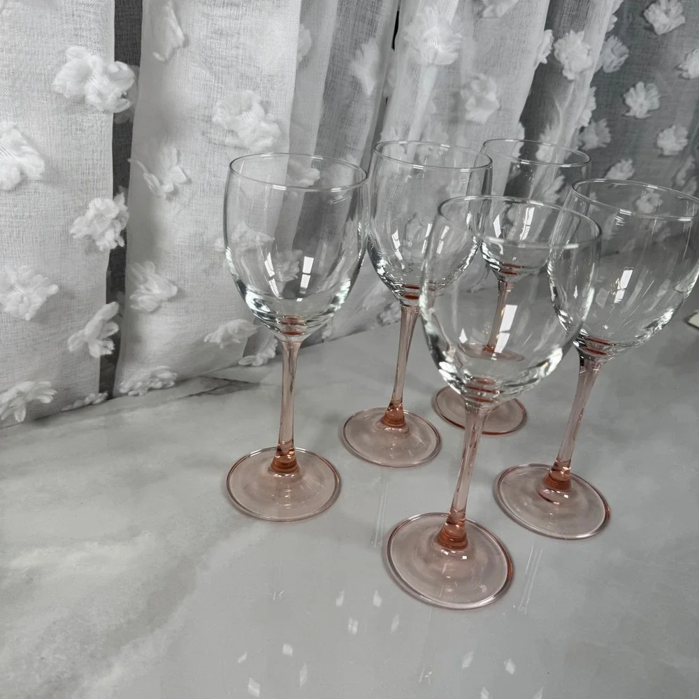 Vtg Luminarc France Pink Stem Wine Glasses Goblets Set of 5 Stemware Home‎ Bar